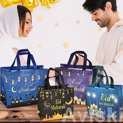 Aviski 4PCS Eid Mubarak Reusable Gift Bags, Treat Bags with Handles, Eid Mubarak Party Bags, Multifunctional Non-Woven Eid Bags for Gifts Wrapping, Party Supplies