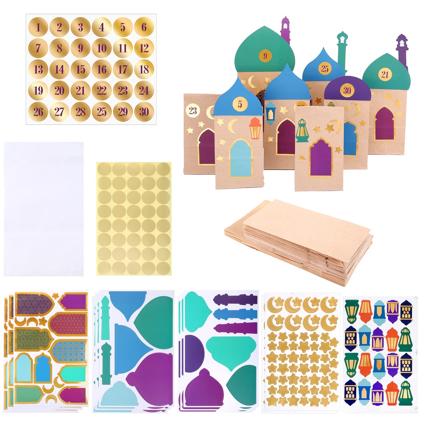 KESOTE 30CT Eid Mubarak Gift Bags Treat Bags with Moon & Star Stickers, Ramadan Countdown Advent Calendar DIY Brown Paper Bags
