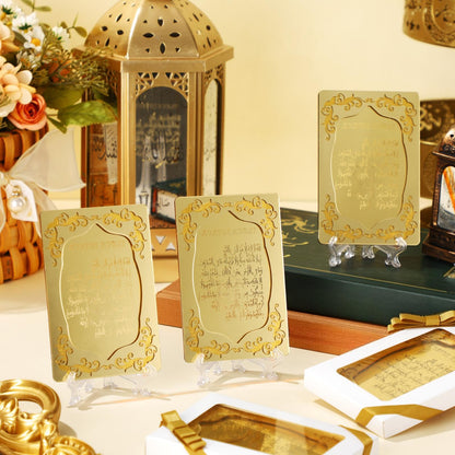 Yinkin 12 Pcs Eid al-Adha Gifts for Women Ayatul Kursi Islamic Party Favors Gifts Ramadan Muslim Wedding Table Art Room Party Decoration with Clear Stand and Gift Boxes (Gold)