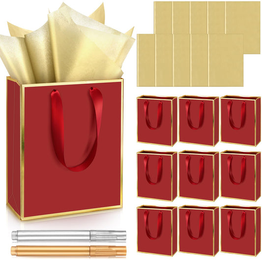 Yeaqee 10 Pack Metallic Paper Gift Bags with Handle Tissue Paper Thank You 5 Senses Gift Bag for Birthday Wedding Baby Shower Groomsmen Bridal Graduation Party Favor 9 x 7 x 3.15''(Burgundy,Gold)