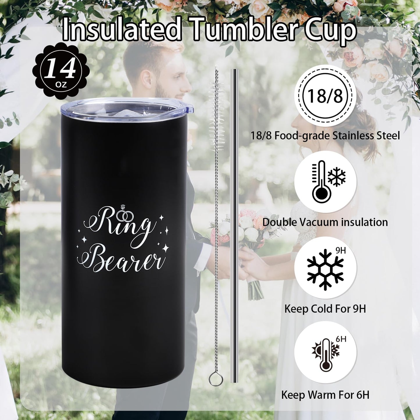 6Pcs Wedding Ring Bearer Gifts Set Wedding Party Favors Include 14 oz Ring Bearer Tumbler with Straw, Will You Be My Ring Bearer Proposal Card, Ring Bearer Sunglasses, Bear, Tie, Ring Security Badges