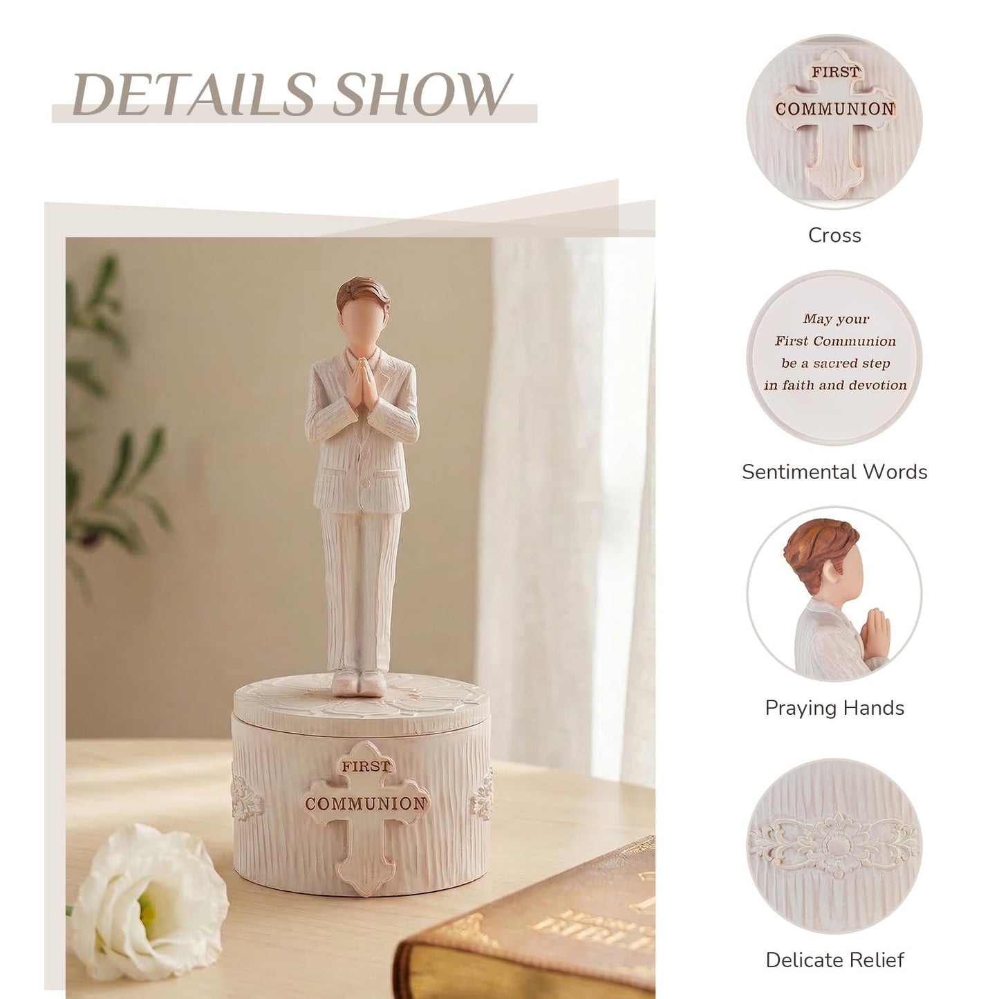 Storieme First Communion Gifts for Boys: 1st Holy Communion Decorations Keepsake Box with Rosary Cross Bracelet - Christian Religious Catholic Present for Baptism Confirmation