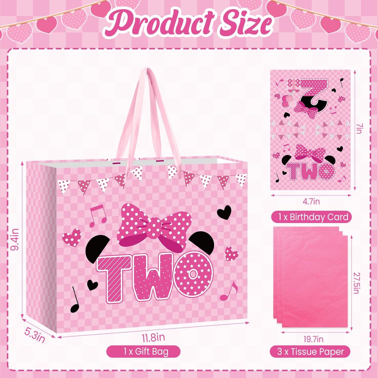Cartoon Mouse 2nd Birthday Gift Bag Pink Mouse 2nd Birthday Bag with Tissue Paper and Card Pink Plaid Bow Two Years Old Gift Wrapping Paper Bags for Baby Girls Shower Princess 2 Year Old Party Decor