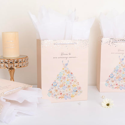 Crisky 13" Large Bridal Shower Bag with Cards Gift Bag with Tissue Paper, Gift Card(Here's to One Amazing Women) for Wedding, Bridal Shower, Engagement Party