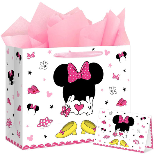 Reyoust 13" Large Cute Mouse Head Birthday Gift Bag with Tissue Paper and Greeting Card Mouse Themed Cartoon Party Gifts Bag with Handles Pink White Wrapping Paper Bags for Kids Girls Birthday