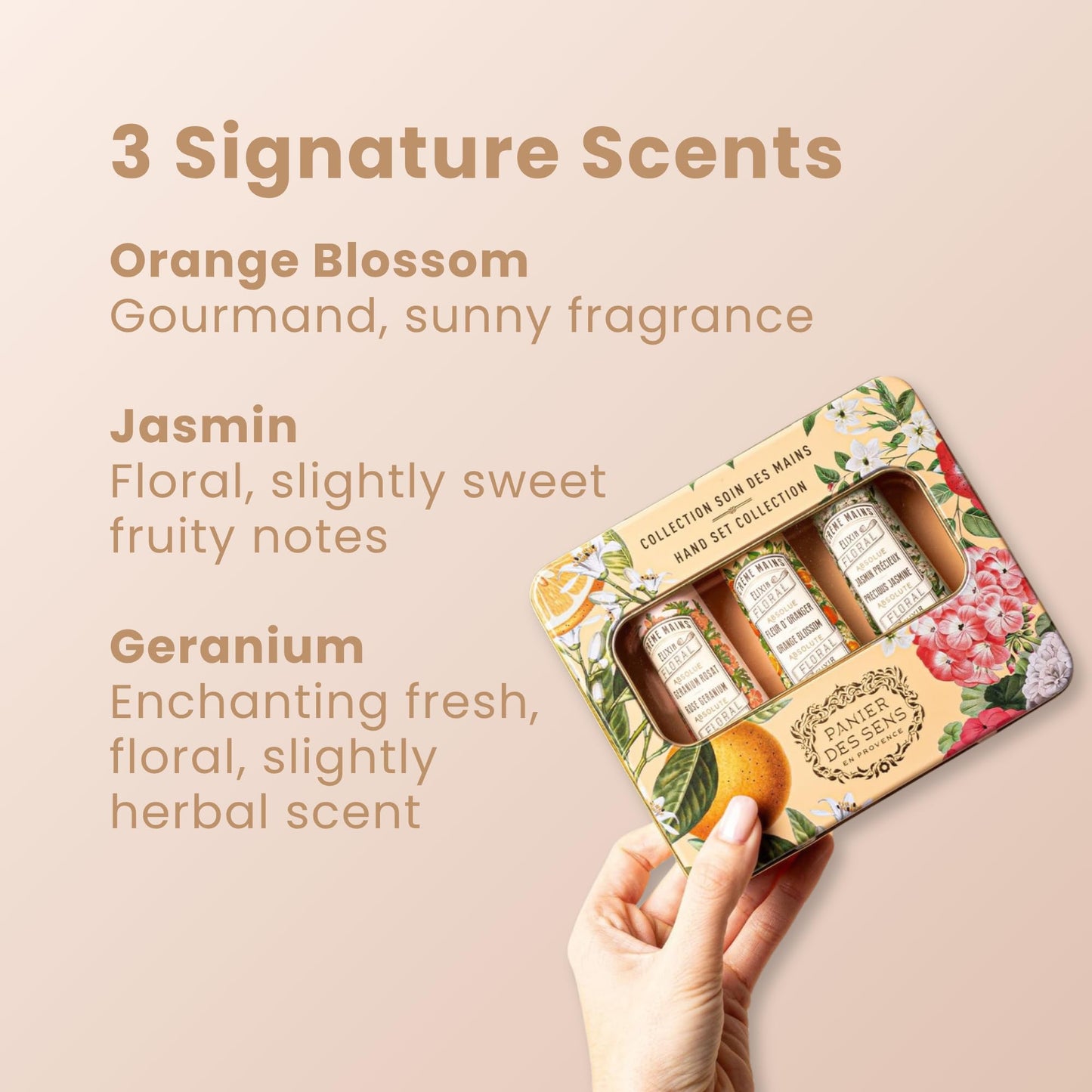Panier des Sens - Mini Hand Cream Set - Gifts for Women - Orange Blossom, Jasmine, Geranium Natural Hand Cream - Mothers Day Gift Ideas Made in France - 96% Natural - Hand Lotion Travel Size 3x1 Floz