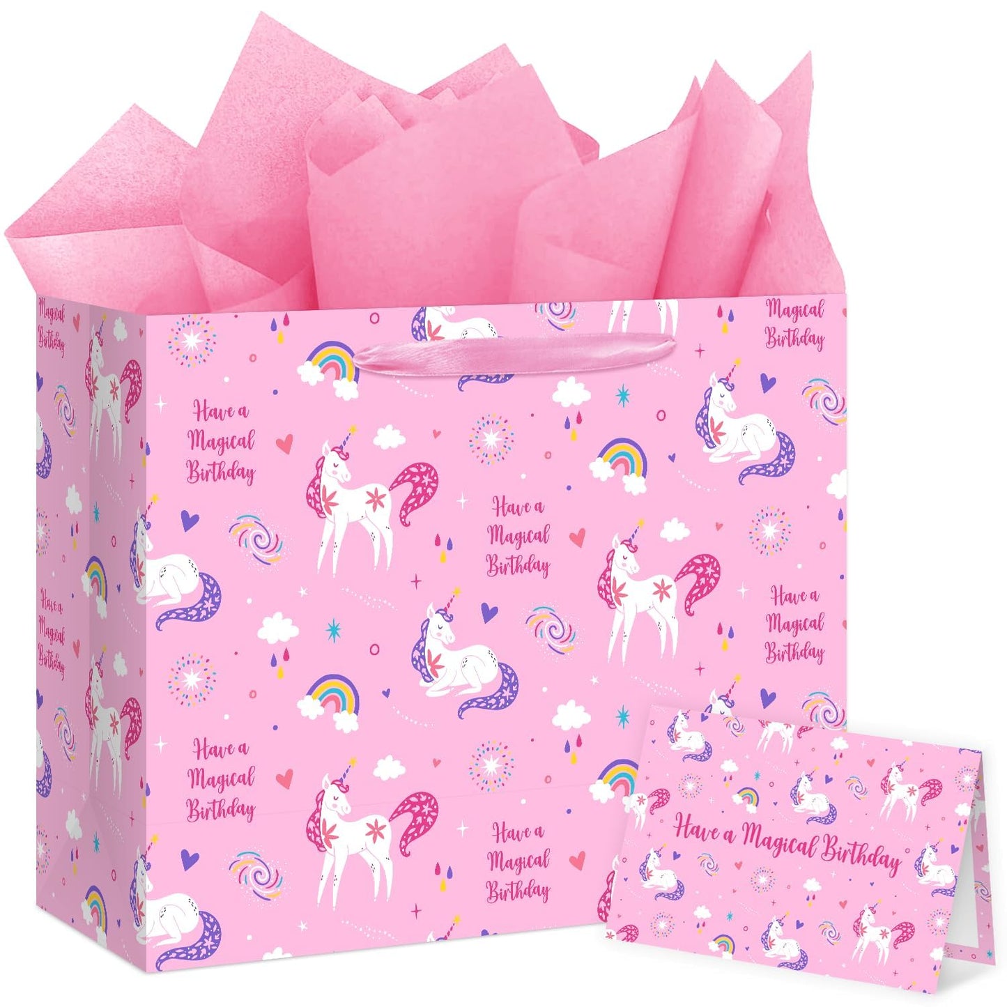Reyoust 13" Large Magical Pink Unicorn Happy Birthday Gift Bag Set With Tissue Paper and Greeting Card Rainbow and Clouds Birthday Party Decorations for Girls Kids 13" L x 10.2" H x 4.9" D