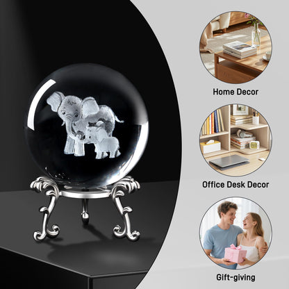 MAIBAOTA Elephant Gifts for Women Mothers Day Birthday Gifts for Mom 3D Crystal Elephant Decor Figurines 60mm Glass Laser Ball Paperweight with Stand Glass Sphere
