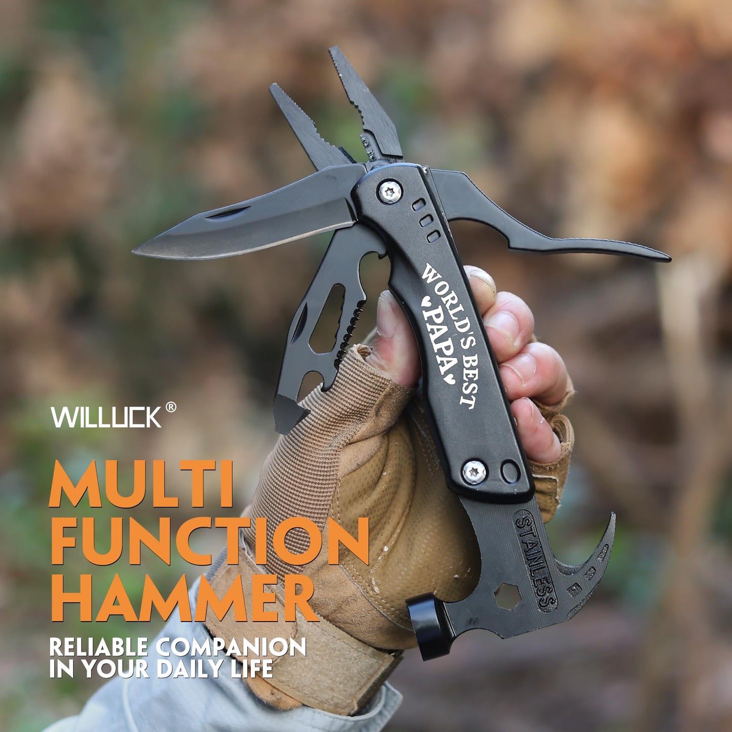 WILLUCK Papa Gifts - Christmas Practical Gifts for Papa, Best Papa Gifts - "WORLD'S BEST PAPA" 15 in 1 Multitool Hammer - Papa Gifts from Grandchildren - Fathers Day Birthday Gift Ideas for Papa