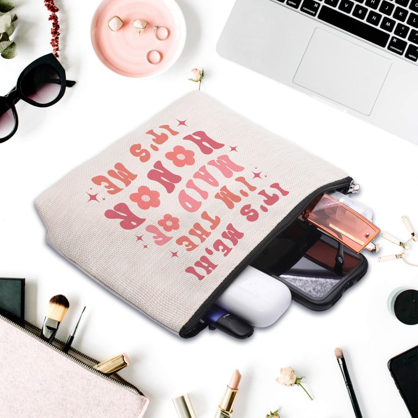 Maid of Honor Gift from Bride, Bridesmaids Proposal Gifts, Bachelorette Party Gift for Maid of Honor, Wedding Gifts for Sister Besties Friends Women Bridesmaid Makeup Cosmetic Bag Travel Pouch