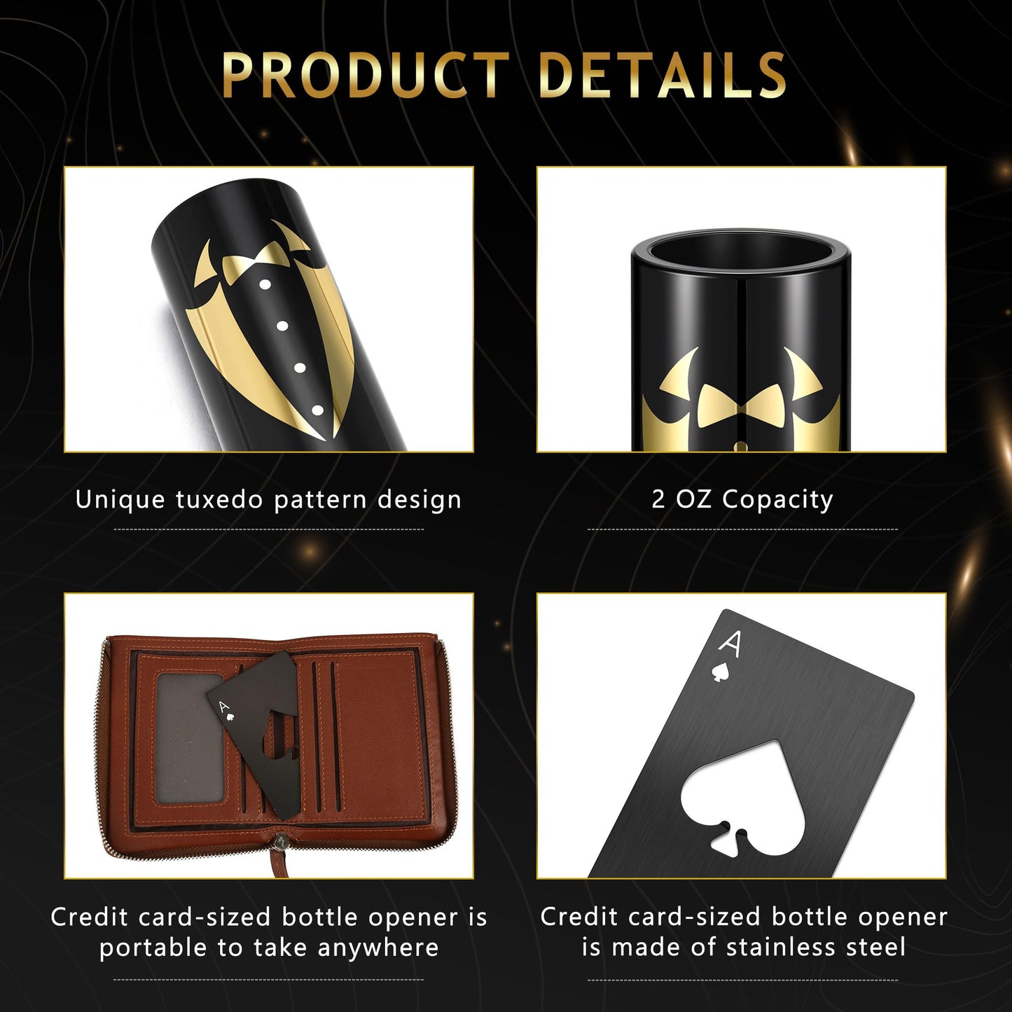 Yoption 16 Pcs Groomsmen Gifts Set, 8pcs Gauge Shot Glasses with 8pcs Credit Card Size Bottle Openers for Wedding Party Proposal Groomsmen Bridesmaid Favors