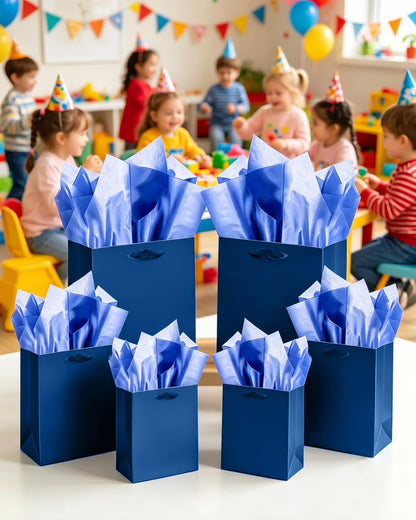 qiqee Navy Blue Gift Bags with Tissue Paper Mulit Assorted Sizes 10PCS Present Party Favor Birthday Bags(2pcs Large 13", 4pcs Medium 9", 4pcs Small 6" Bags)