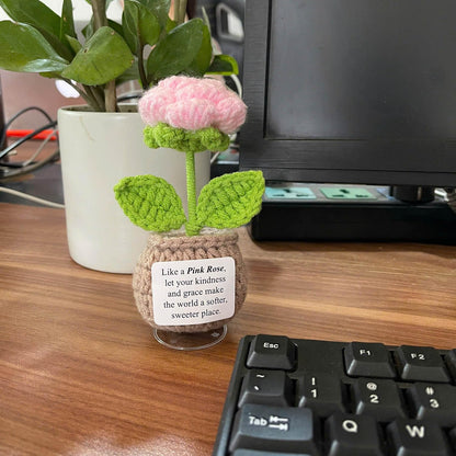Handmade Crochet Flower Pots with Card | Decor, Gift, Appreciation for Women, Best Friends, Teachers, Coworkers | Perfect for Birthday, Christmas, Mother’s Day, Special Occasions (Pink Rose)