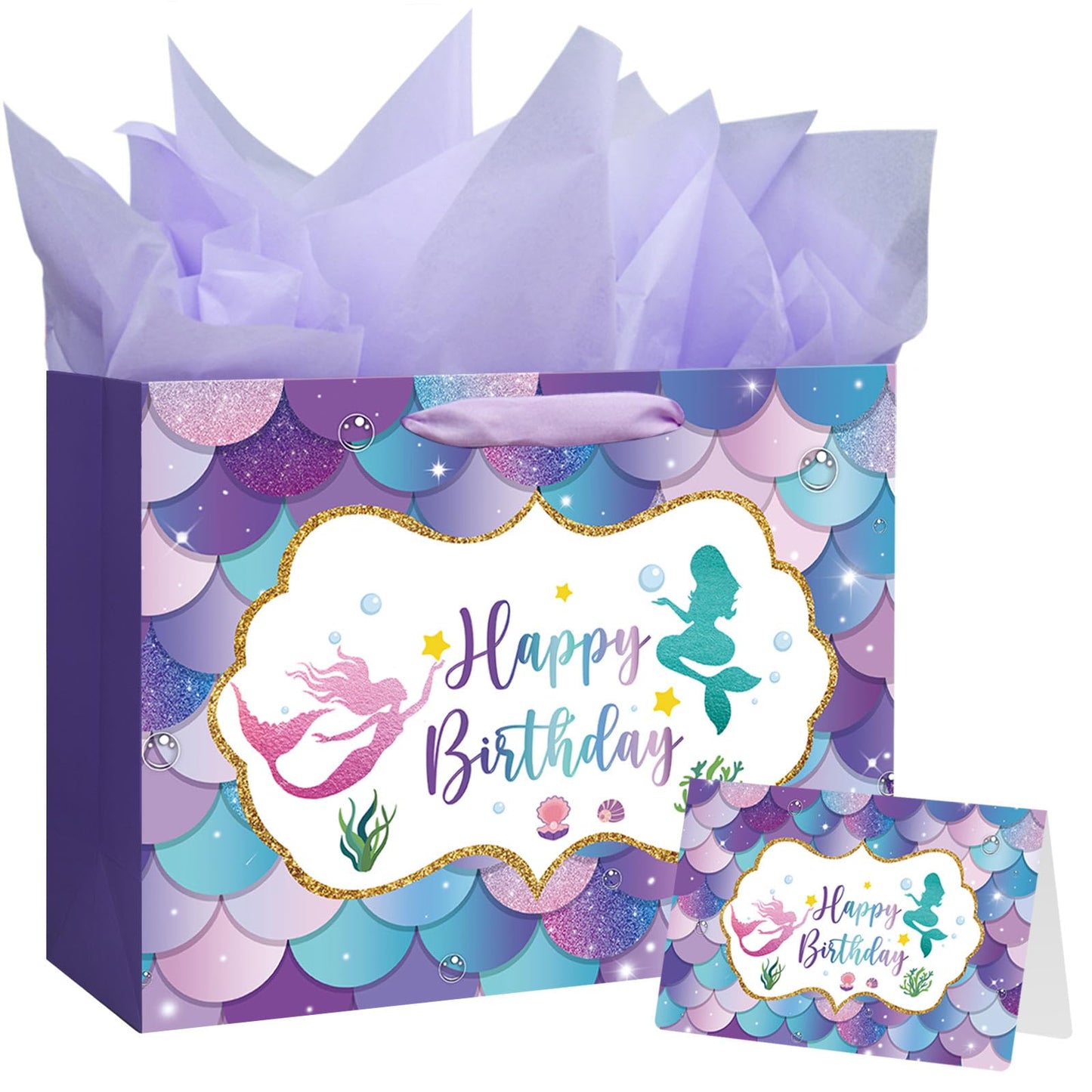 Laidans 13" Large Mermaid Happy Birthday Gift Bag with Handle, Tissue Paper and Card for Kids Girls (13in Purple)