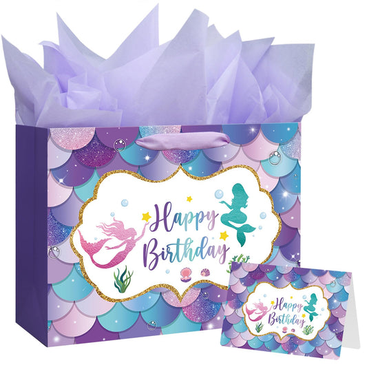 Laidans 13" Large Mermaid Happy Birthday Gift Bag with Handle, Tissue Paper and Card for Kids Girls (13in Purple)