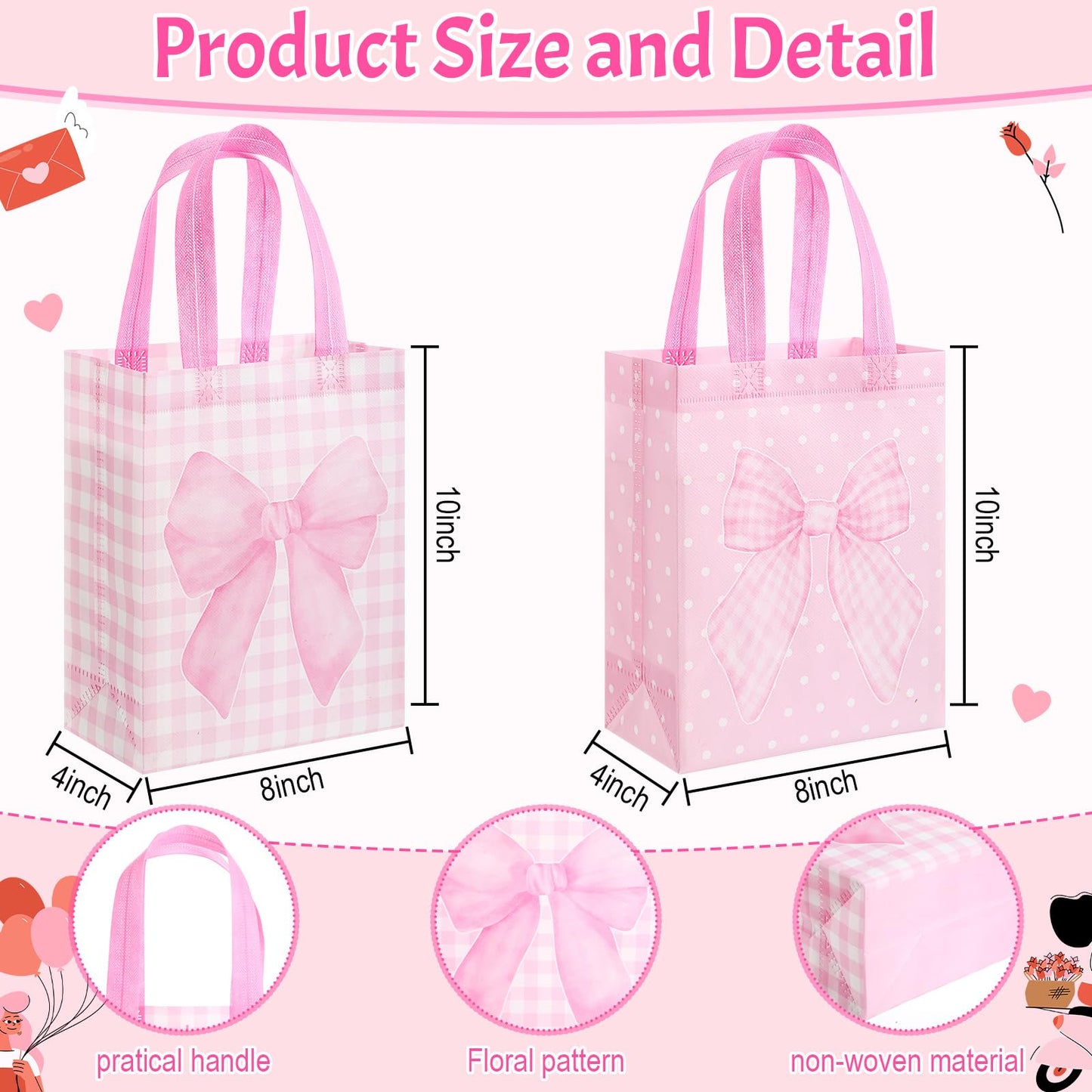 Wovnet 30 Pcs Pink Bow Gift Bags Reusable Non Woven Party Favor Bag Coquette Bow Goodie Treat Bags with Handle for Girls Wedding Bridal Shower Tea Party Birthday 10 x 8 x 4in