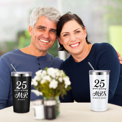 Cunhill 2 Pcs Mr. Right Mrs. Always Right Travel Tumbler Set 20 oz Wedding Engagement Anniversary Travel Mug for Husband Wife Newlywed Couples Bride Groom Anniversary(25th Tumbler)