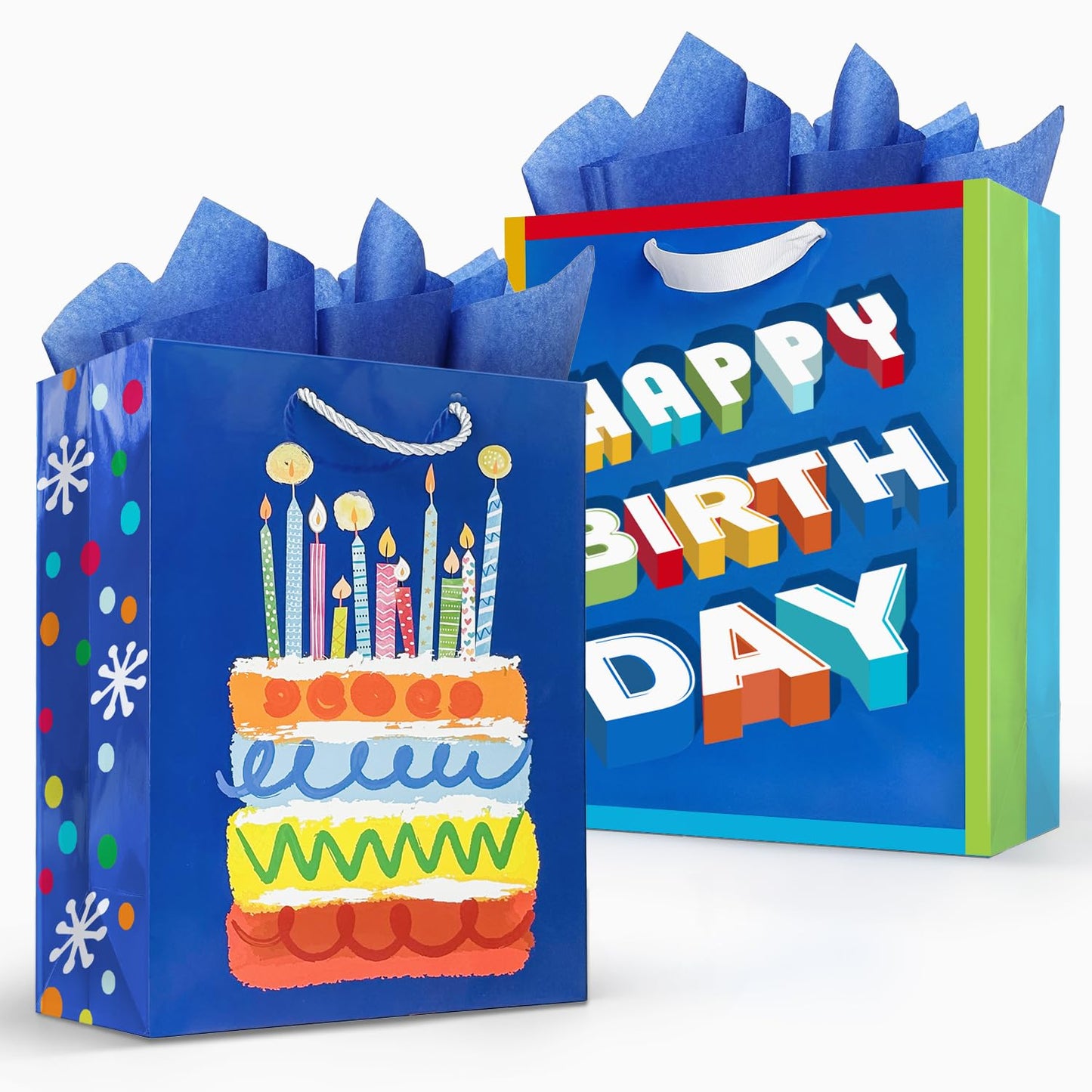 Party Funny Kids Blue Birthday Gift Bags with Tissue Paper, 2 Pack 13" Medium Paper Gift Bag Set with Handles, Colorful Cake and Happy Birthday Present Bags for Boys