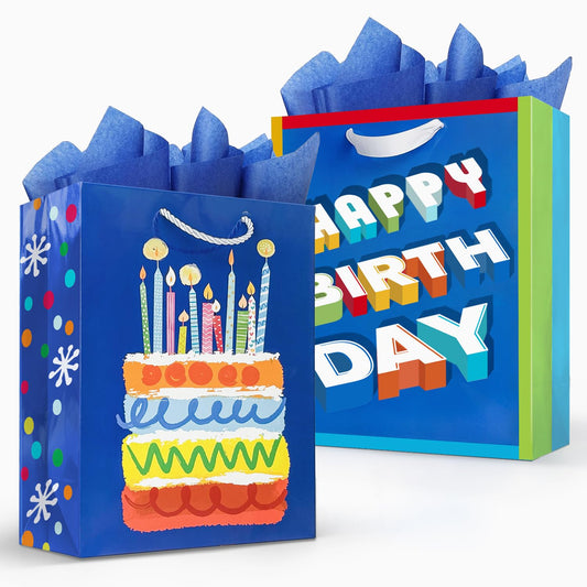 Party Funny Kids Blue Birthday Gift Bags with Tissue Paper, 2 Pack 13" Medium Paper Gift Bag Set with Handles, Colorful Cake and Happy Birthday Present Bags for Boys