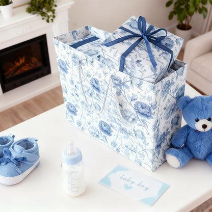 JAYTEM Bridal Shower Gift Bag, 13" Blue and White Large Wedding Gift Bag with Tissue Paper Greeting Card Tag Envelope, Chinoiserie Peony Floral Elegant Gift Bags for Women, Anniversary, Mother's Day, Birthday, Christmas