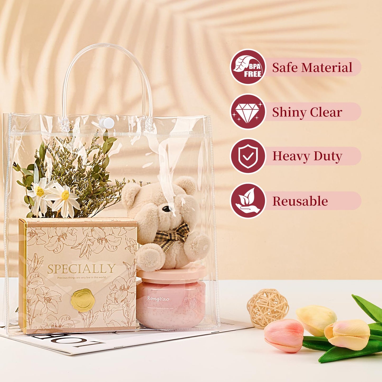 Jutieuo 20 PCS Clear Gift Bags with Handles, 9.8 x 9.8 x 3.5 Inches Reusable Plastic Goodie Bag Transparent Party Favor Bags Bulk for Weddings Birthdays Events, Classrooms & Celebrations