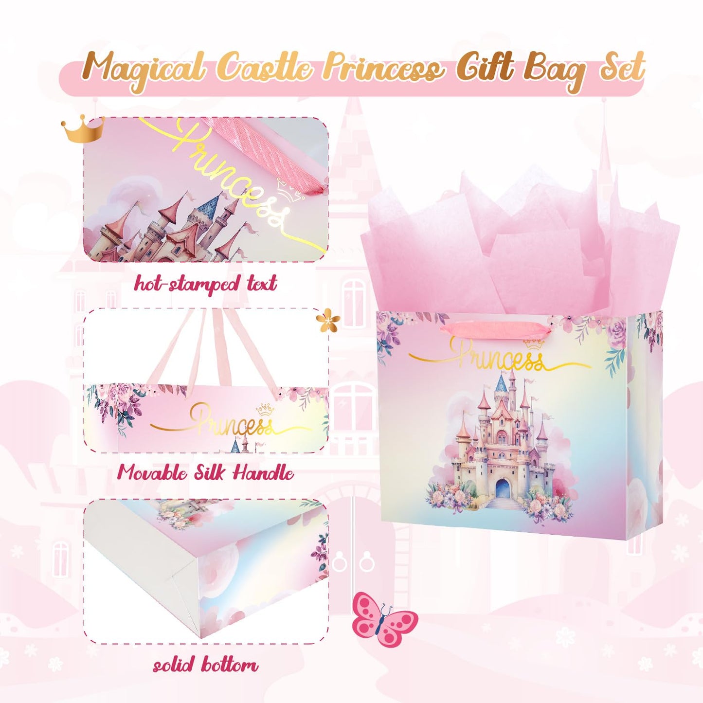 Ranfashiong 13" Large Pink Castle Birthday Gift Bag with Tissue Paper for Party Favor for Baby Shower, Girl, Princess Wrapping