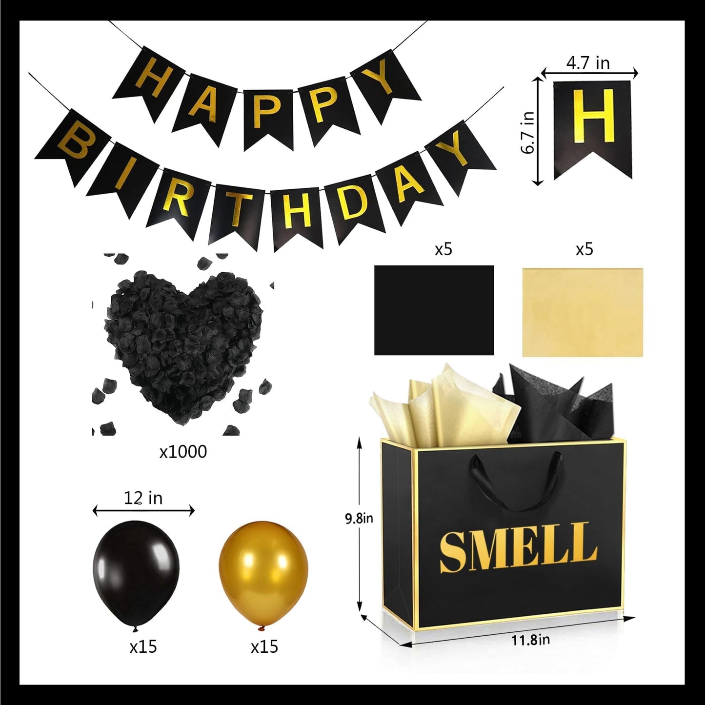 5 Senses Gift Bags For Him With Tissue Paper Rose Petals and Happy Birthday Banner Balloons for Birthday ,Wedding,Anniversary Party Decoration