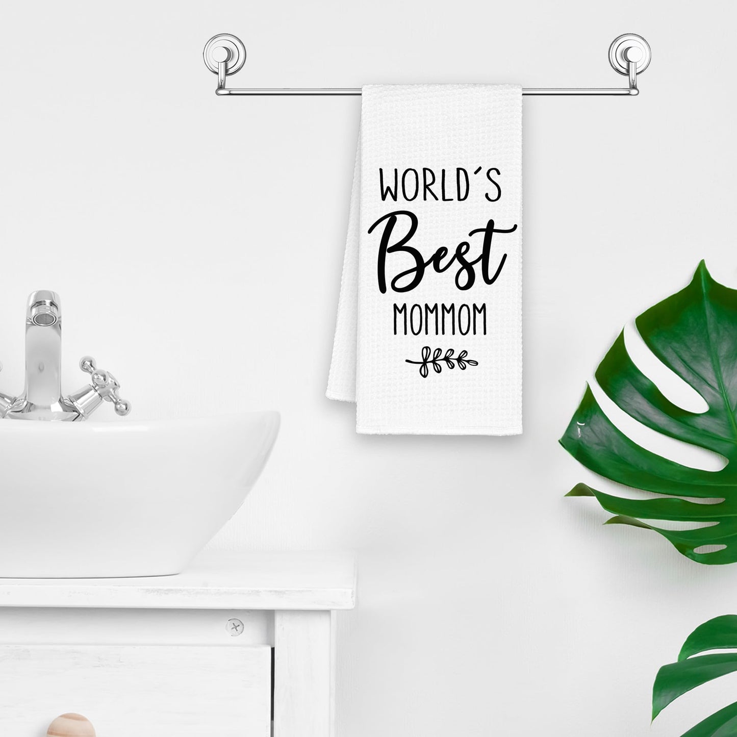 World's Best Mommom Gifts Kitchen Towels, Christmas Bathroom Hand Towels Gifts for Grandma Birthday Mother's Day, Rustic Leaf Black and White Minimalist Tea Dish Towel Decor 16x24in