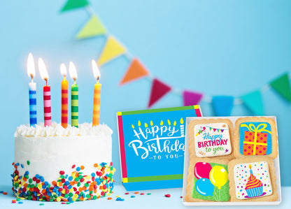 Happy Birthday Cookies 4 PACK Gift Basket for Kids Men Women | Decorated Sugar Cookie Gift Box | Individually Wrapped Party Favors Nut Free (Birthday, Standard Box)