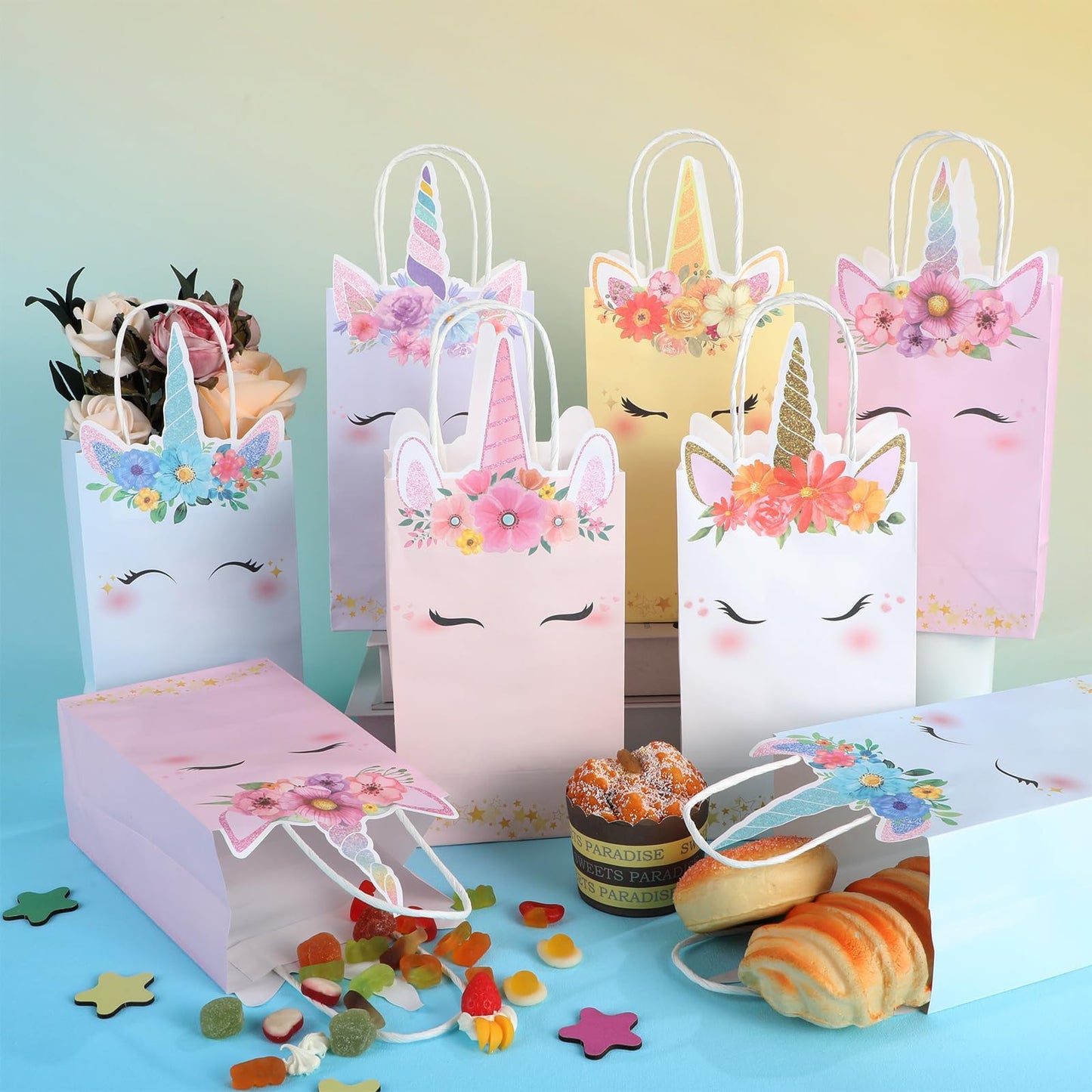 ZOIIWA 12Pcs Unicorn Party Favor Bags Rainbow Themed Treat Bags Pastel Unicorn Candy Goodie Bag Princess Paper Gift Bag with Handle Decorations for Birthday Baby Shower Wedding Party Decor Supplies