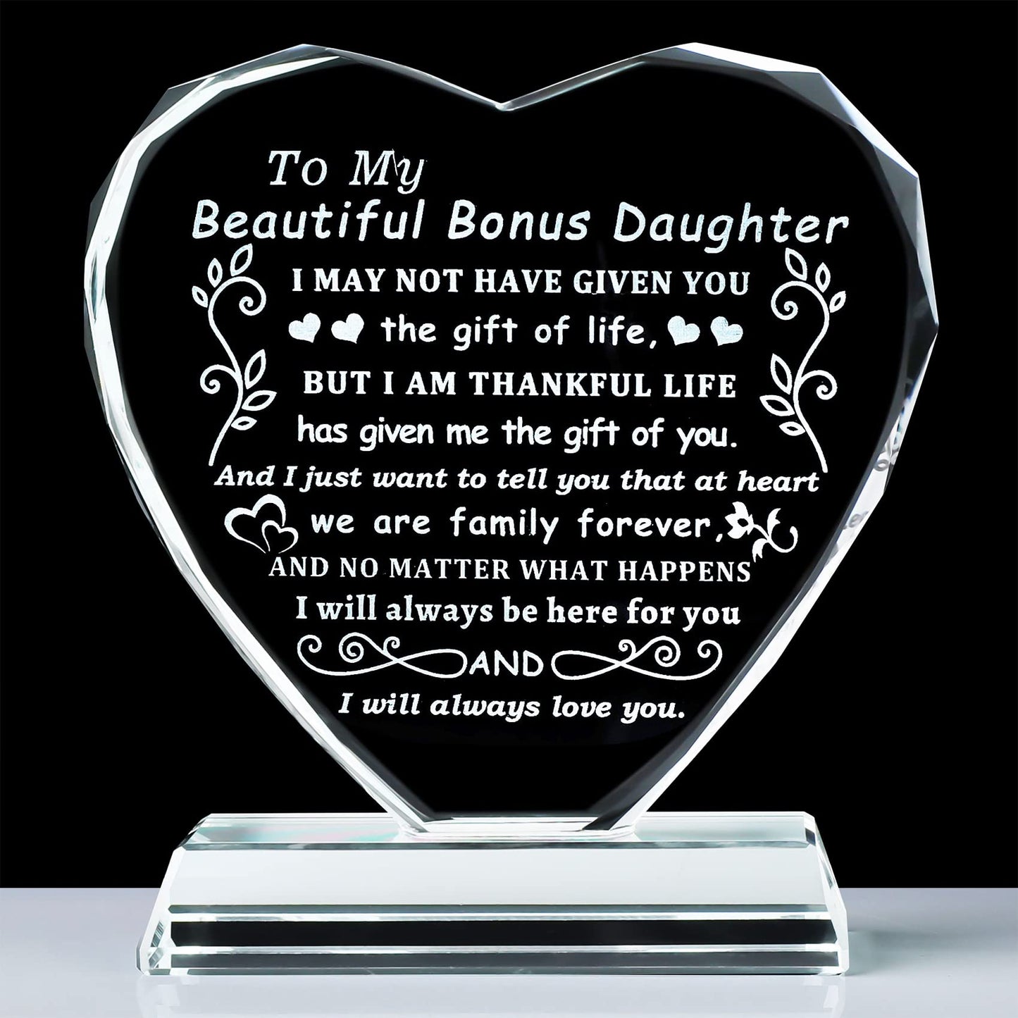 YWHL Bonus Daughter Gifts from Mom Dad, To My Bonus Daughter Heart Shaped Crystal Keepsake, Gifts for Stepdaughter from Stepmom Stepdad on Birthday Christmas Graduation