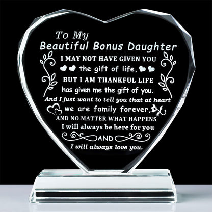 YWHL Bonus Daughter Gifts from Mom Dad, To My Bonus Daughter Heart Shaped Crystal Keepsake, Gifts for Stepdaughter from Stepmom Stepdad on Birthday Christmas Graduation