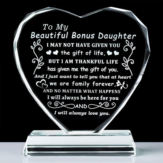 YWHL Bonus Daughter Gifts from Mom Dad, To My Bonus Daughter Heart Shaped Crystal Keepsake, Gifts for Stepdaughter from Stepmom Stepdad on Birthday Christmas Graduation