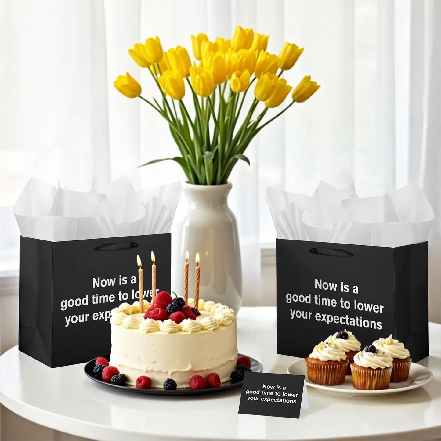 Funny Gift Bag To Lower Your Expectations Black Gag Gift Bags with Tissue Paper and Greeting Card Inappropriate Snarky Funny Birthday Gift Wrapping Paper for Office Coworker Best Friend Men Women