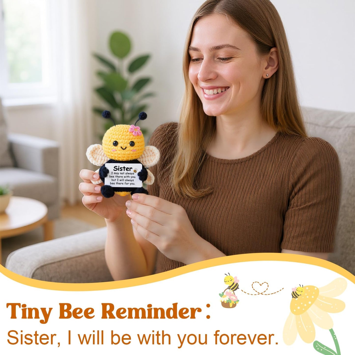Sister Birthday Gifts, Sister Gifts from Sisters Brother, My Forever Soul Sisters Birthday Valentines Mothers Day Christmas, Mini Crochet Bee Affirmation Support Presents, Cute Handmade Knitted Decor