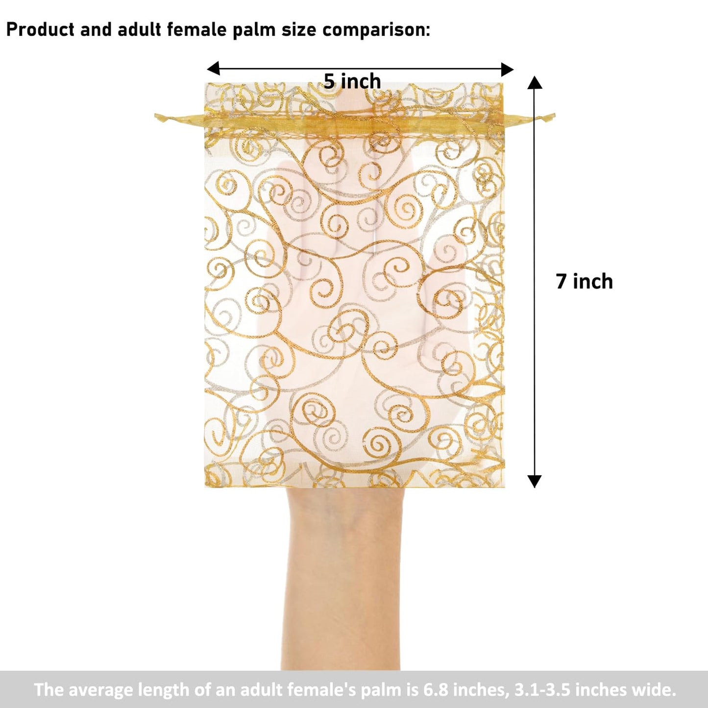 Staruby Organza Gift Bags 100Pcs Gold Sheer Organza Bag 5x7 Inch Mesh Favor Bags Drawstring Jewelry Rattan Printed Gift Pouches for Wedding Party Favors Couple Shower Christmas Gifts Candy Bags