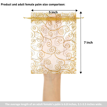 Staruby Organza Gift Bags 100Pcs Gold Sheer Organza Bag 5x7 Inch Mesh Favor Bags Drawstring Jewelry Rattan Printed Gift Pouches for Wedding Party Favors Couple Shower Christmas Gifts Candy Bags
