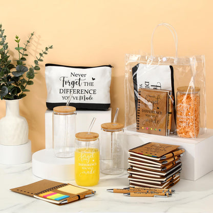60 Pcs Employee Appreciation Gifts Bulk Never Forget Notebook Gift Bag Glass Cup Makeup Bag Bamboo Pen for Graduation Teacher Father Day Office Staff