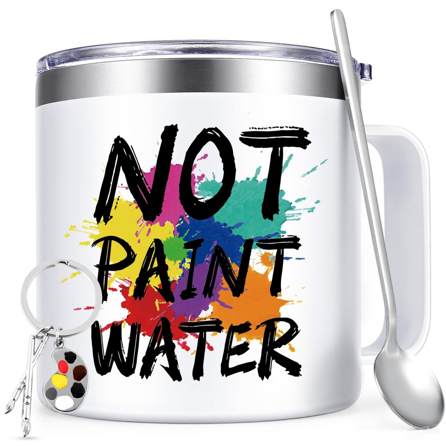 Lifecapido Not Paint Water Coffee Mug, Art Teacher Appreciation Gifts for Teacher's Day Christmas, Gifts for Art Teacher Artist Painters Coworker, 14Oz Stainless Steel Coffee Mug with Lid, White