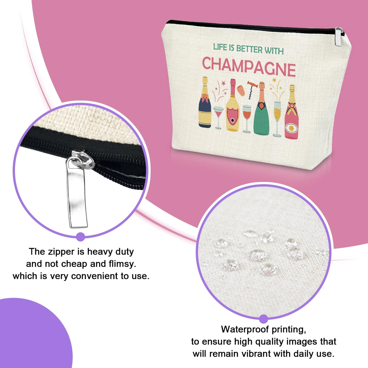 Sazuwu Champagne Lover Gift Makeup Bag Wine Trip Gifts Housewarming Drinking Themed Gifts for Champagne Lovers Best Friends Cosmetic Bag Birthday Christmas Gift for Women Wife Zipper Pouch
