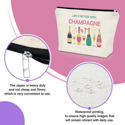 Sazuwu Champagne Lover Gift Makeup Bag Wine Trip Gifts Housewarming Drinking Themed Gifts for Champagne Lovers Best Friends Cosmetic Bag Birthday Christmas Gift for Women Wife Zipper Pouch