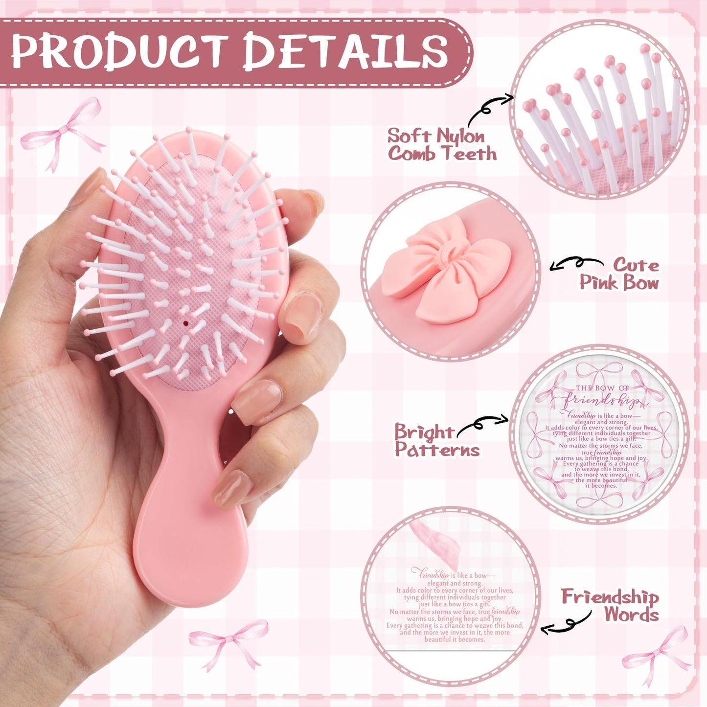 Mimorou 20 Sets Friendship Gifts Bulk Coquette Bow Hairbrushes Mirrors Cards with Bags for Galentines Party Favors Girls Trip Weekend Bachelorette Pink Friends Gifts
