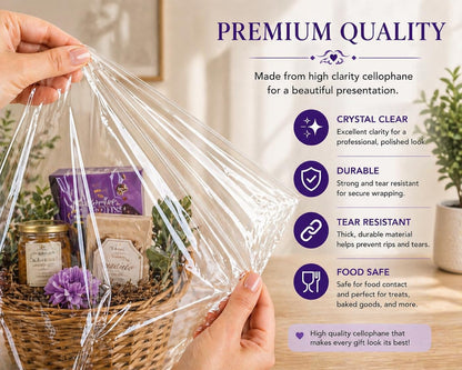 Purple Q Crafts Clear Basket Bags, 20 Pack Large Clear Cellophane Wrap for Baskets & Gifts 24"x30" 1.5 Mil Thick (20)