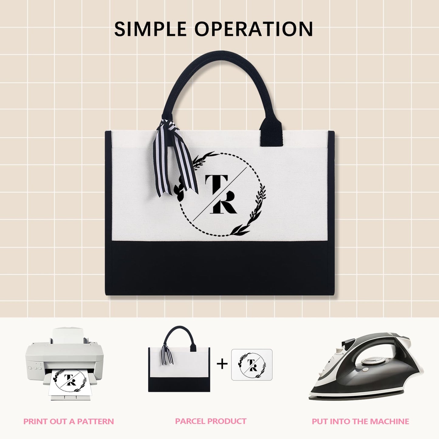 OKBA 10 PCS Personalized Classic Canvas Tote Bag(Black and White),Inside Zipper Pocket Grocery Tote DIY Gift,for Wedding,Birthday,Beach,Perfect Gifts for Women,Mom,Teachers,Friends