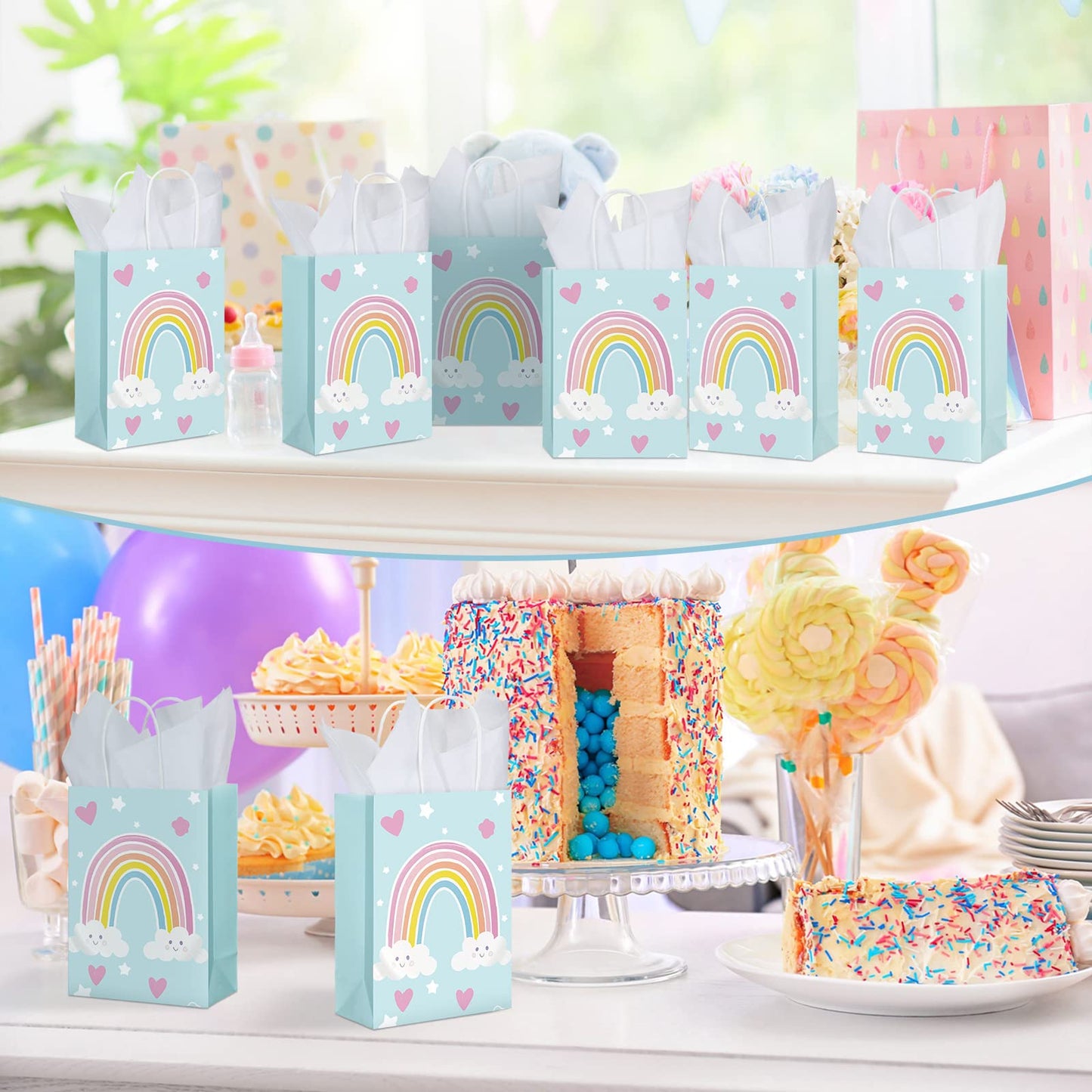 Sinmoe 24 Pcs Rainbow Gift Bags with 24 Pcs White Tissues Paper Rainbow Party Favor Small Bags with Handles for Kids Birthday Baby Shower Weddings Graduation 8.27 x 5.91 x 3.15 Inch