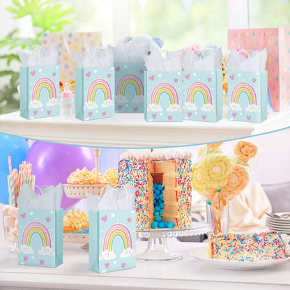 Sinmoe 24 Pcs Rainbow Gift Bags with 24 Pcs White Tissues Paper Rainbow Party Favor Small Bags with Handles for Kids Birthday Baby Shower Weddings Graduation 8.27 x 5.91 x 3.15 Inch