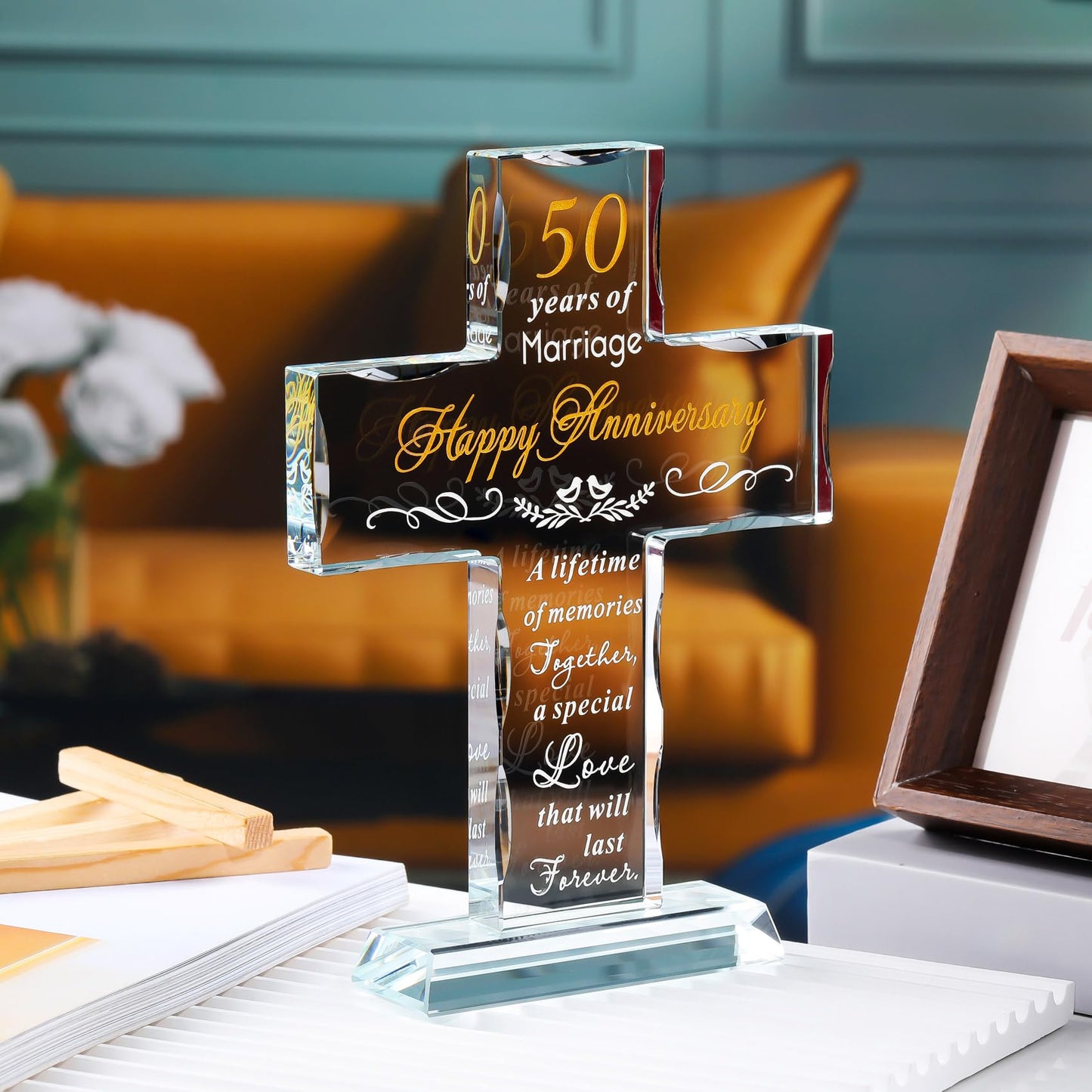YWHL 50th Wedding Anniversary Religious Cross Gifts for Women Men, 50 Year Anniversary Romantic Gift for Him Her, Laser Engraved Glass Standing Cross Keepsake for Couple, 50 Years of Marriage Present