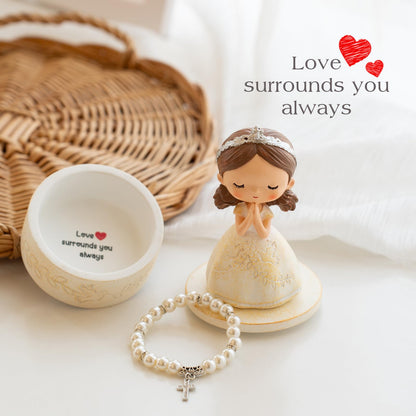 First Communion Gift Set for Girls - Resin Prayer Girl Figurine with Dove & Olive Branch Design, White Religious Keepsake Statue, Pearl Necklace Cross Pendant, Gift Box Set with Inspirational Message