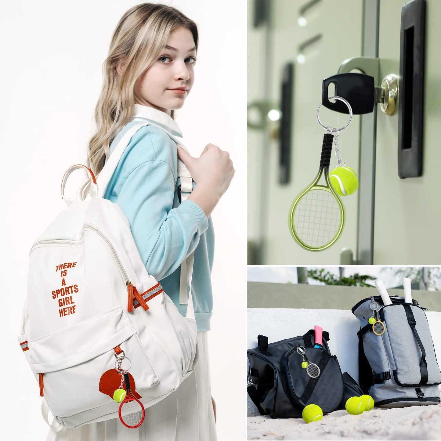 AUHOKY 18/6Pcs Mini Tennis Racket Keychain Key Ring, Fashionable Alloy Tennis Ball Split Ring for Sport Lovers Team(6 Colors)