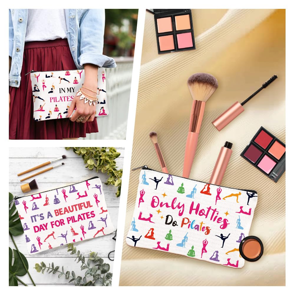 4Pcs Canvas Pilates Teacher Appreciation Gifts Makeup Bag - 9.06" x 5.9" Only Hotties Do Pilates Cosmetic Bags Travel Organizer Portable Accessories with Zipper, Purse Organizer Pouches